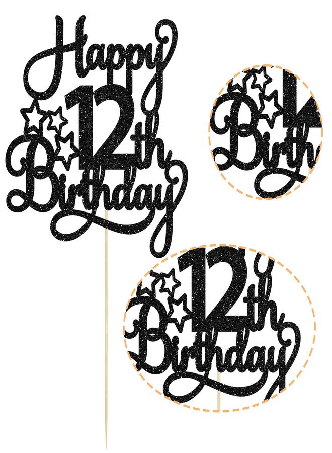 Ephlyn 1 Pack Happy 12th Birthday Cake Topper Glitter Heart Star 12 Fabulous Cake Pick Birthday Sign Cake Decorations for Children 12th Birthday Theme Party Supplies Black - Image 3